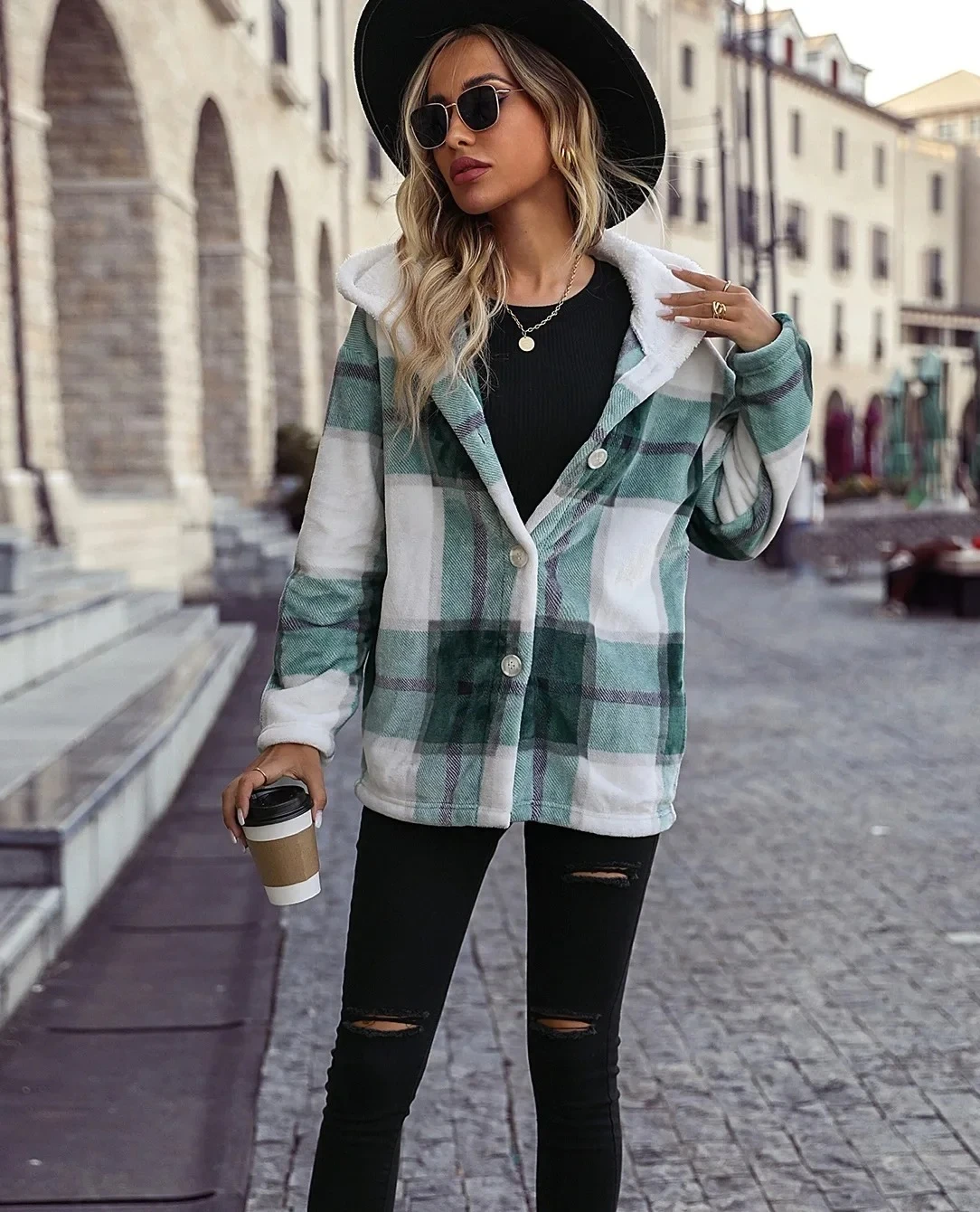 

Осенне-зимняя женская одежда, клетчатая флисовая куртка средней длины с капюшоном и длинными рукавами