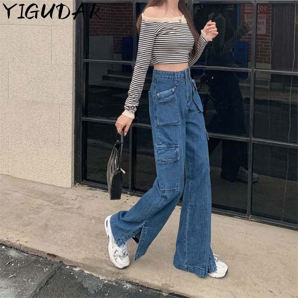 Spring loose cargo pants multi pocket bags denim joggers women vintage streetwear Retro low-waisted spice girl baggy jeans