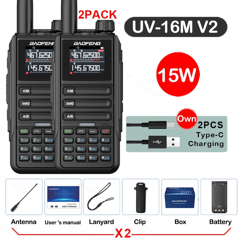 2Pack Baofeng Uv 16M V2 Waterdichte Walkie Talkie Hoge Capaciteit Am Fm 2-Way Radio Full Band Lcd-Scherm Frequentie Kopiëren Ruis Verminderen