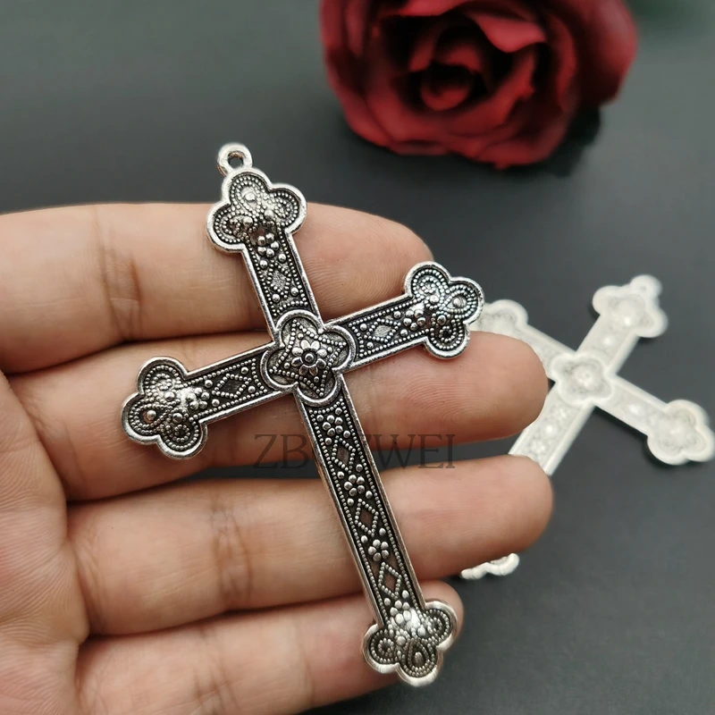 5pcs 80*54mm Silver Plated Large Christian Flower Cross Vintage Necklace Metal Accessories DIY Charm Jewelry Crafts Making