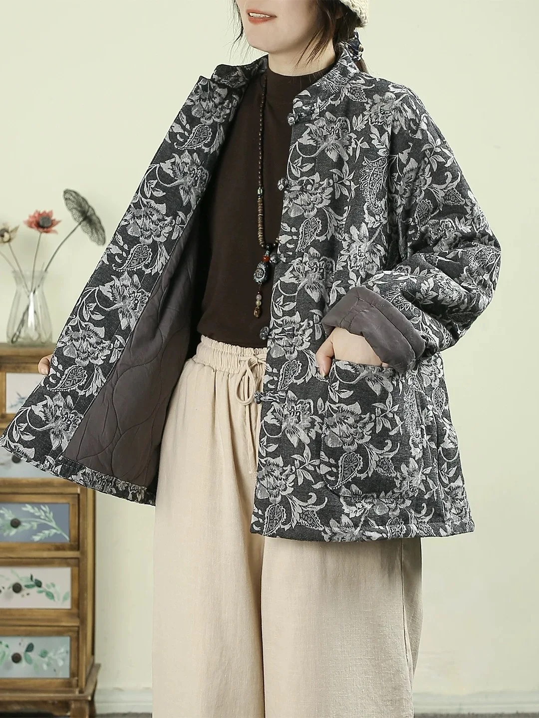 Thiened algodão jaet floral impressão gola botão encerramento casaco de inverno feminino retro sle longo sve ajuste regular