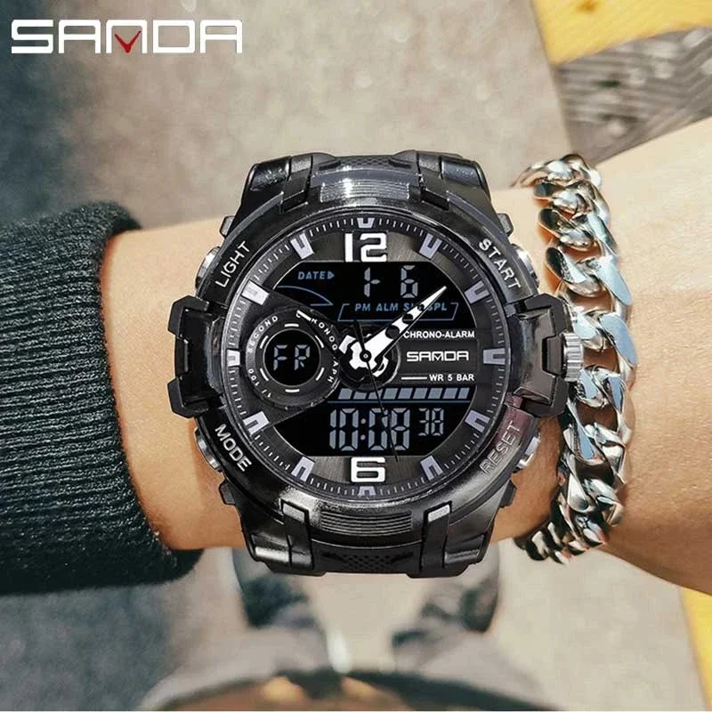 2024 Sanda Top Brand 6015 Dual Display Wrist Watch Men Watches Male For Clock Military Sport Wristwatch Outdoor Waterproof Hour