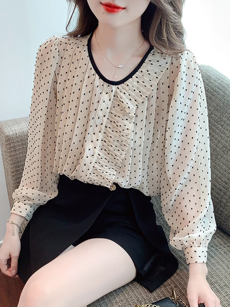 

Autumn Women Long Sleeve Ruffles Dot Chiffon Blouse Shirt Women Tops Blusas Mujer De Moda 2024 Blouses Femme Shirts Blusa G209