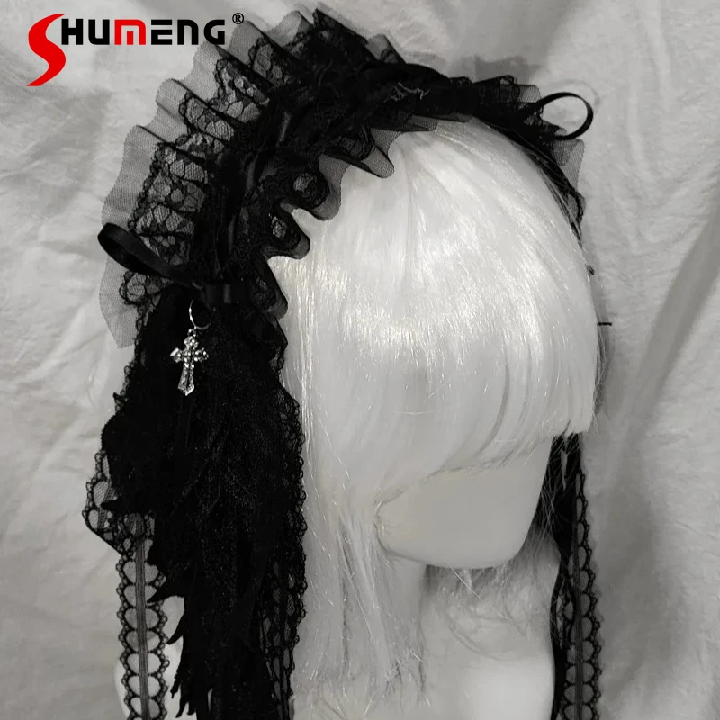 

New Japanese Original Subculture Lolita Gothic Headwear Apparel Accessories Halloween Dark Punk Style Cross Hairband For Women