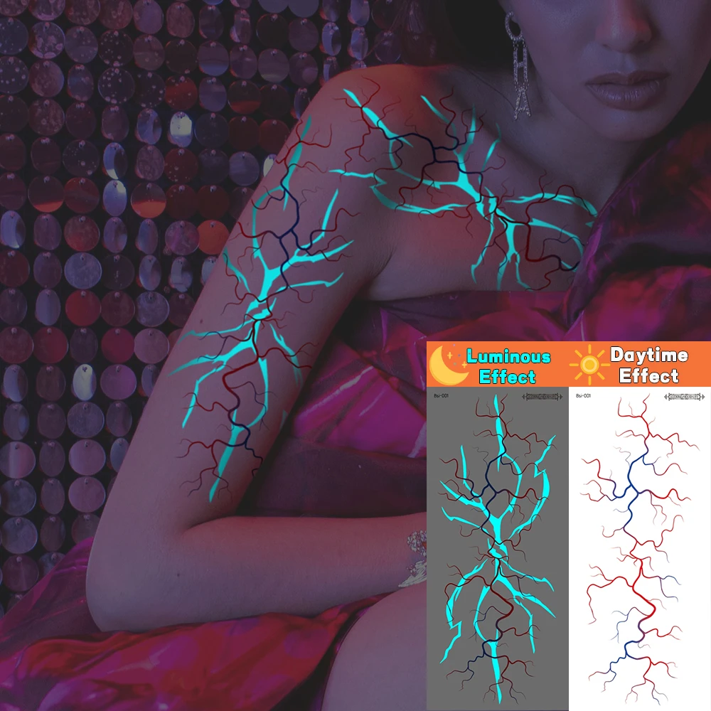 1pcs Glow in The Dark Kpop Temporary Tattoos For Women -Cool Blue Purple Lightning & Blood Vessels Body Art Fake Tattoos Party
