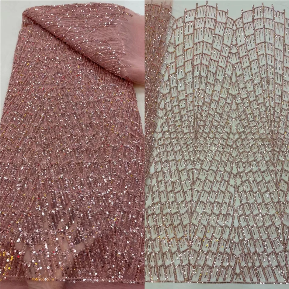 Luxury Handmade Beads Nigerian Lace fabric S-1224266 African French Embroidery Lace Sequins For Party Dress