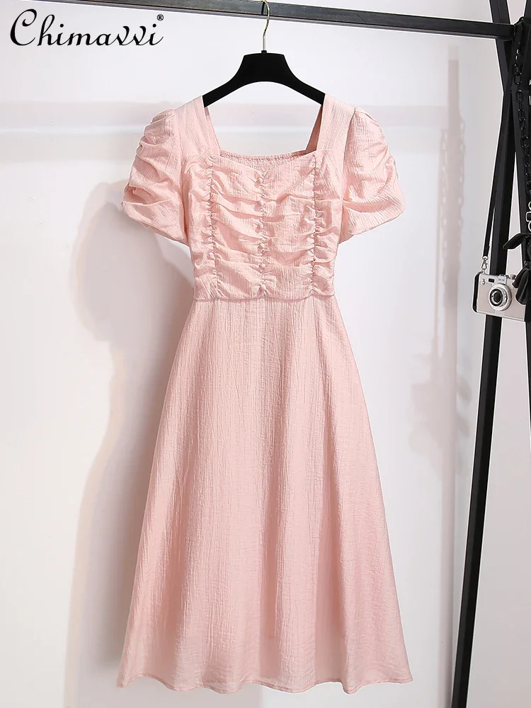 

French Elegant Sweet Pink Square Collar Puff Sleeve Pleated High Waist Slim Fit A-line Fashion Casual Long Dress Women Summer