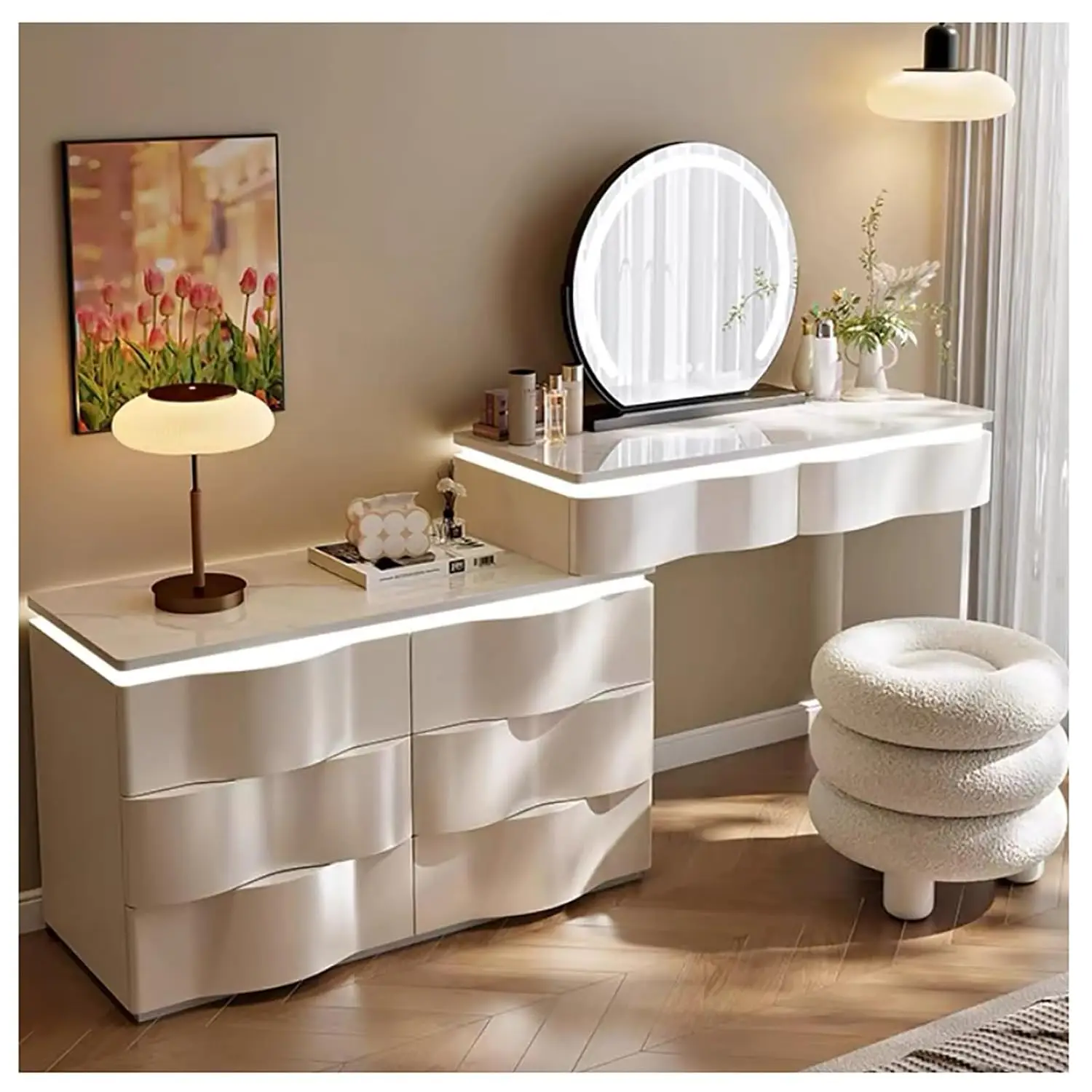 White Dressing Table with LED Lights, Vanity Desk with Stool Set, Makeup Table with Mirror and 5 Drawers, Makeup Vanity Desk wit