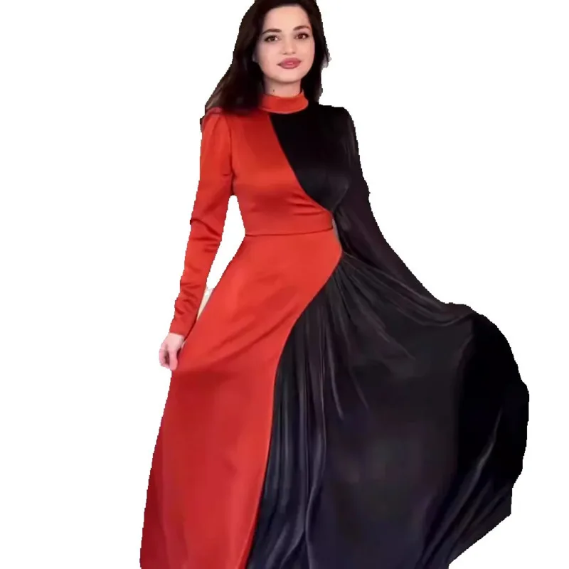 

JY 2024 Autumn New Round Neck Colored Crepe Long Sleeve Slim Fit Belt Long Dress Retro Style Flowing Dress