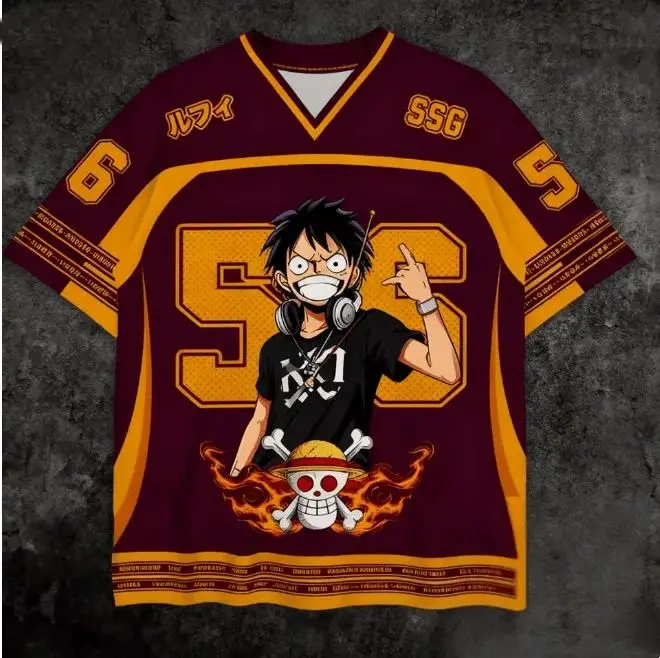 

2026 New Bandai Anime One Piece Luffy Summer Jersey T-shirt Oversized 3D Adult and Children's Multifunctional Top Christmas