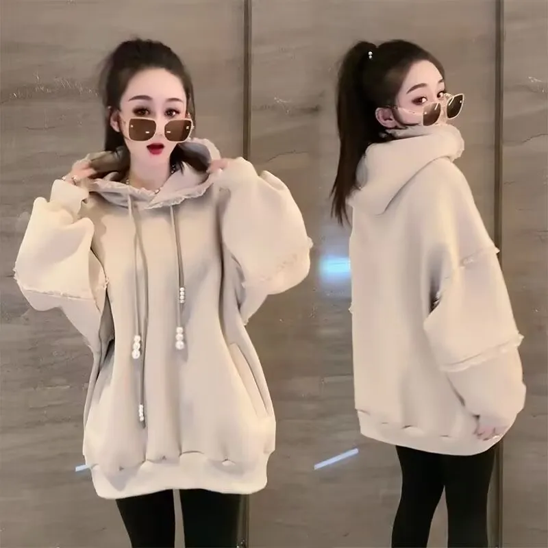 

Oversized Women Lace Fleece Hoodies 2025 Female Casual Sweatshirt Korean Style Autumn Long Sleeve Hooded Winter Woman Pullovers