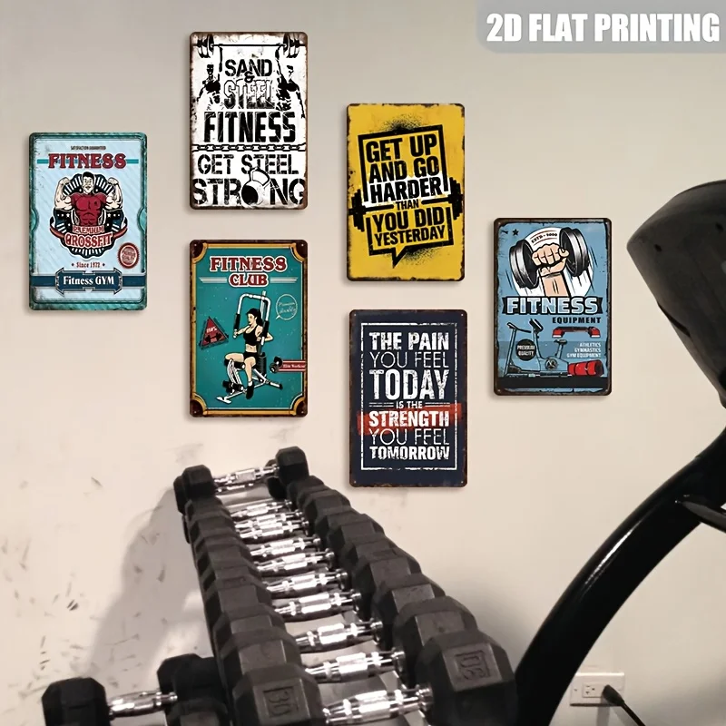 Vintage Fitness-Themed Metal Sign Set of 6, Distressed Nostalgic Motivational Decorative Wall Art, Suitable for Home Gyms, Fitne