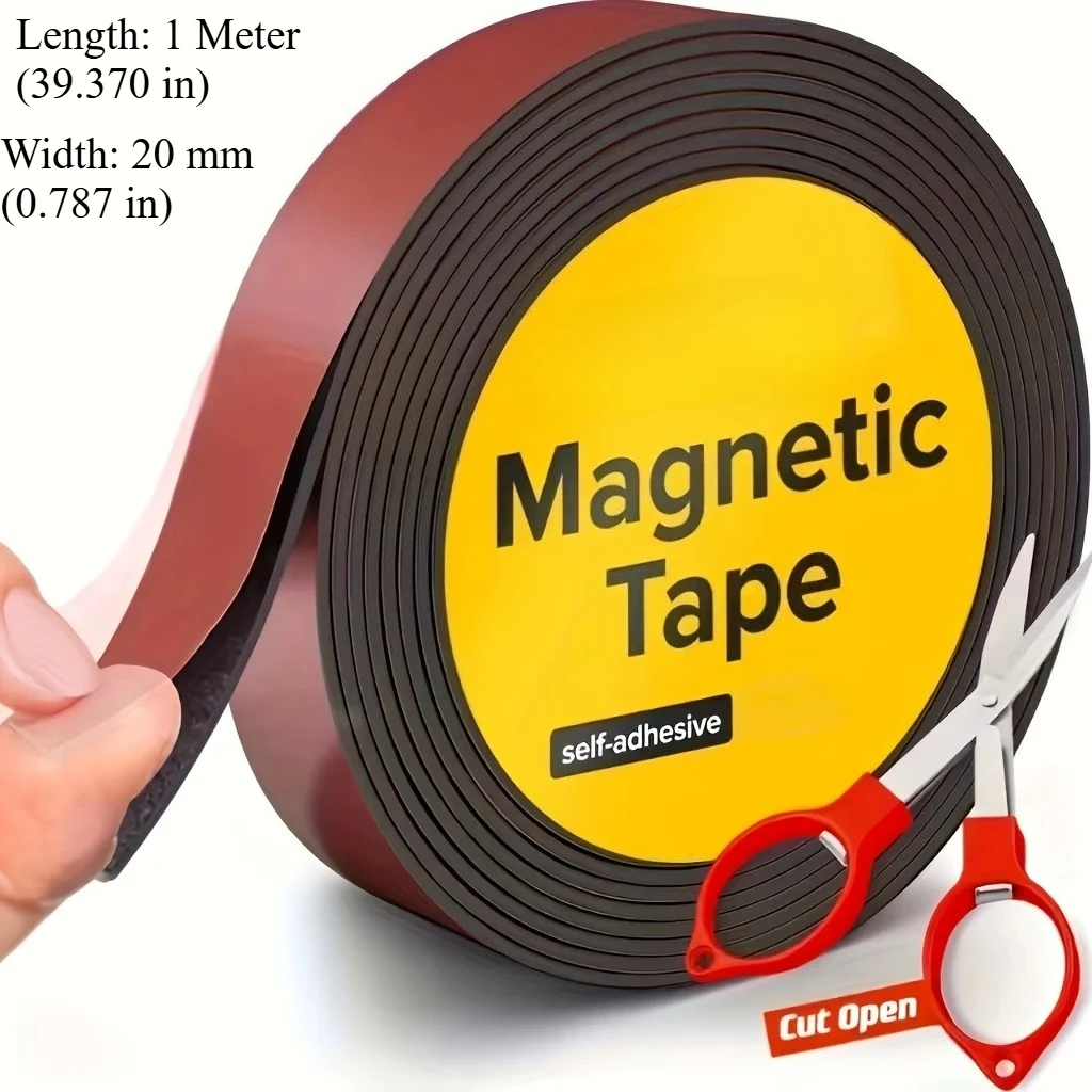 Cuttable Flexible Self-Adhesive Magnetic Tape Roll, Strong Backing Magnet Strip for DIY Projects, Fridge, Classroom