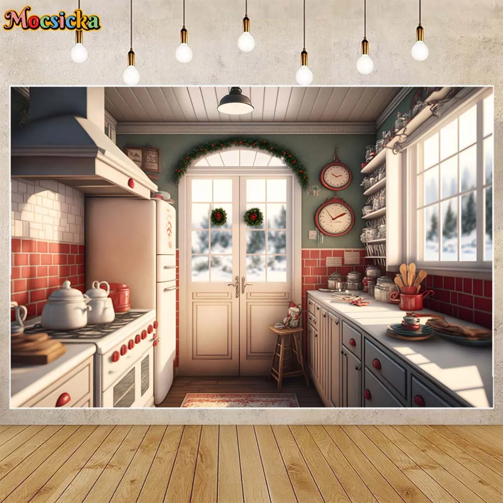 

Mocsicka Christmas Kitchen Backdrop White Cupboard Xmas Family Party Decor Child Photography Background Photo Studio Shoot Props