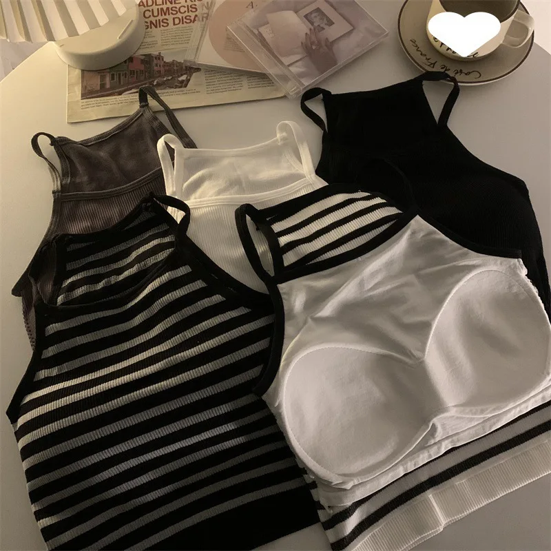 Korean Version Women Tank Tops Thread Solid Casual Fashion Crop Top with Chest Pad Stripe Sleeveless Outer Wear Basic Camisole