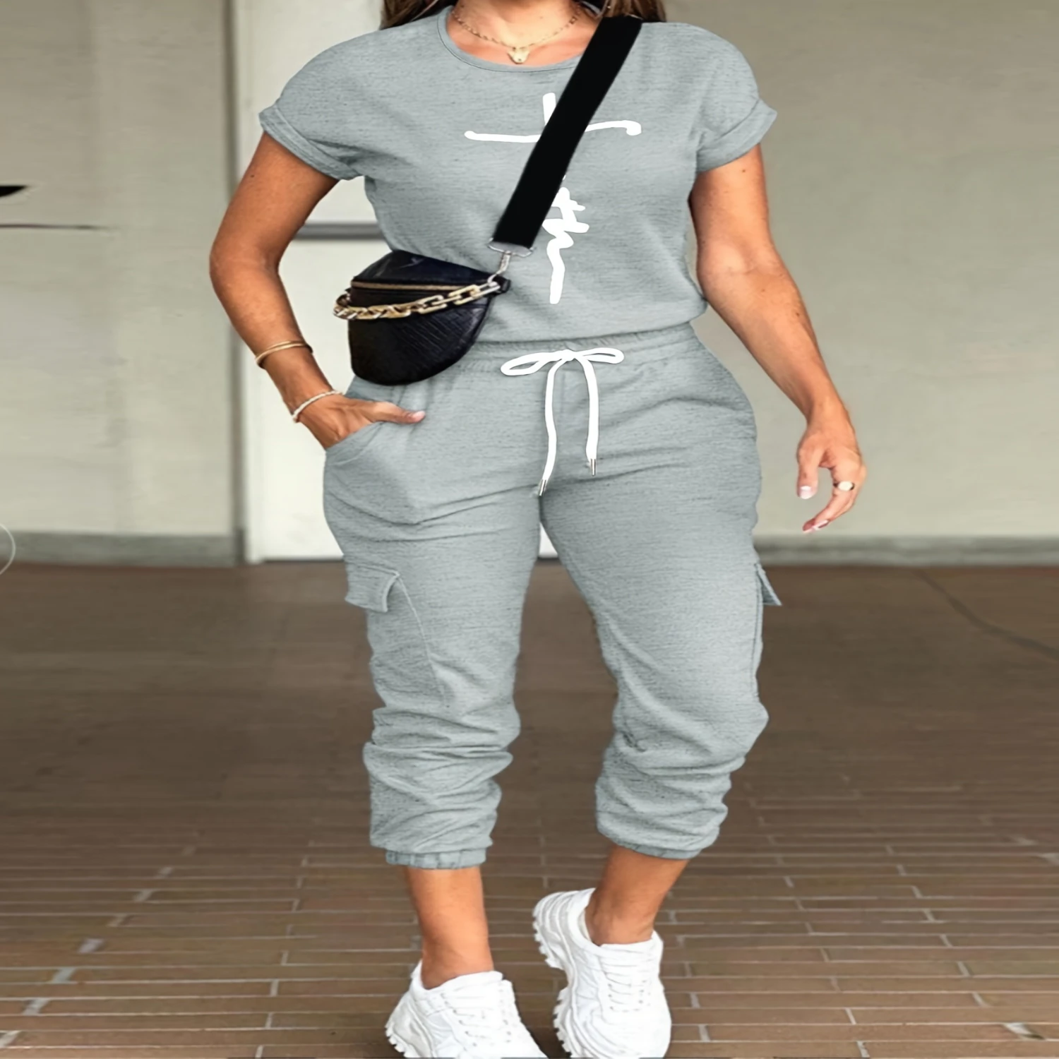 Chic Letter Print Lounge Set for Women - Comfy Short Sleeve Crew Neck Tee & Adjustable Drawstring Pants, Perfect for Casual Outi