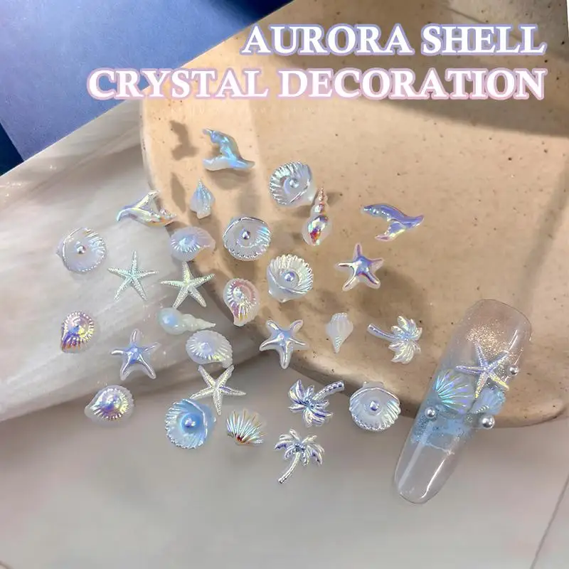 50Pcs Ocean Nail Art Charms Aurora Shell Starfish Mermaid Tail Nail Art Decors Gem Beach Rhinestone Ice Clear Nail Decorations