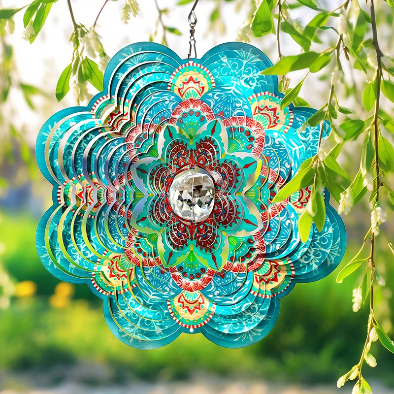 

PSATHENATI Wind Spinner with Gazing Ball Christmas Decoration Room Garden Hanging Kinetic Yard Art 12in Blue Flower Mandala