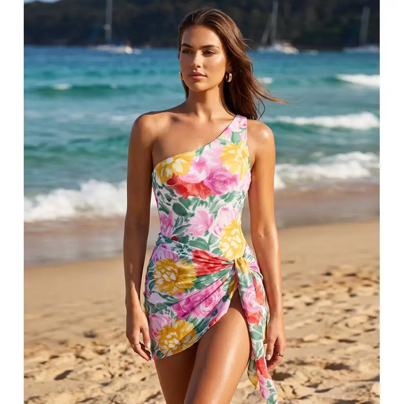 Flaxmaker Summer Swimsuit and Skirt 2026 Sexy One Shoulder One Shoulder Abstract Floral Swimsuit Set(s) Biquini conjunto de