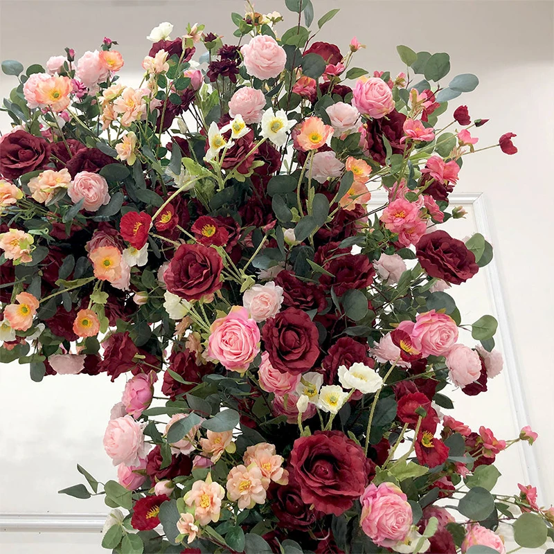 أحمر وردي أبيض وردي أوراق خضراء ترتيب الأزهار في الهواء الطلق الزفاف خلفية زهرة قوس الإطار ديكو الأزهار الكرة الحدث الطرف الدعامة #5