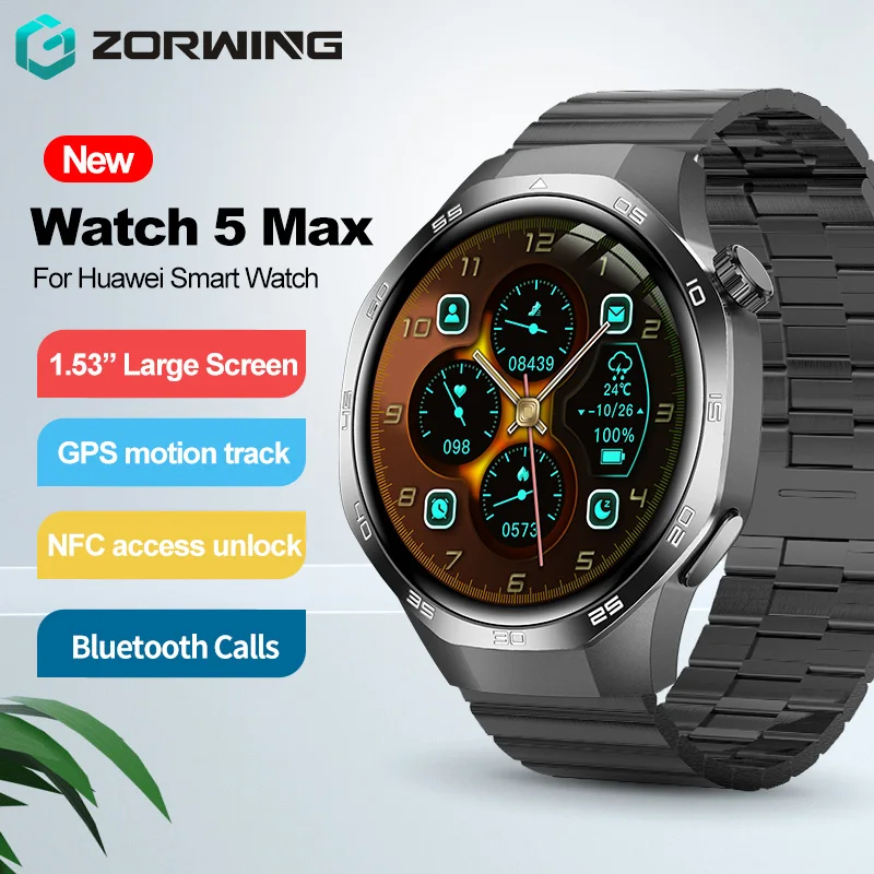 

Men Sport Watch 5 Max Smart Watch 1.53" Large Screen NFC GPS Motion Tracks Compass Bluetooth Call Blood Pressure SpO2 Smartwatch