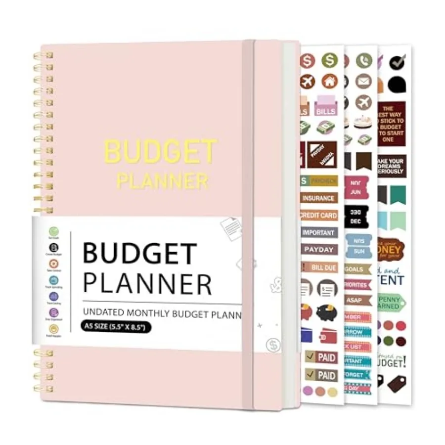 Budget Planner, Undated 12-Month Financial Organizer with Expense Tracker A5 accounting book for monthly bills, income and expe