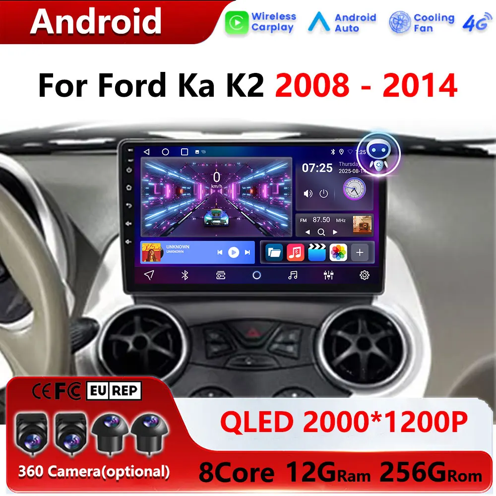 Мультимедийный проигрыватель Android 16 для Ford Ka K2 2008-2014 с беспроводным CarPlay, GPS-навигацией, Wi-Fi и DSP.