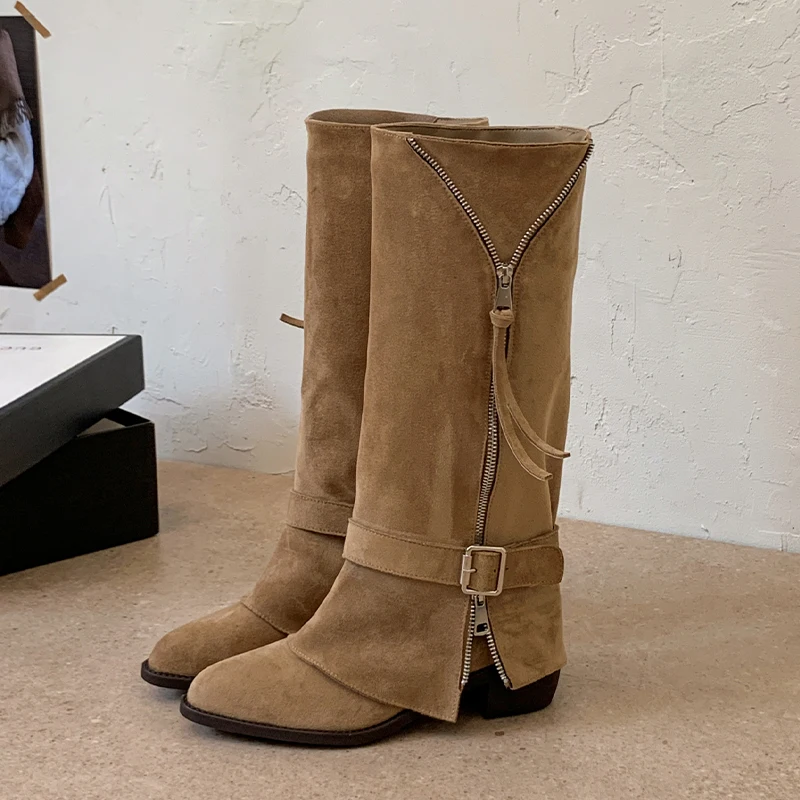 Women Western Cowboy Mid Calf Boots Pointed Toe Block Heel Shoes Suede Leather Boots Buckle Strap Retro Casual 2026 Winter Shoes