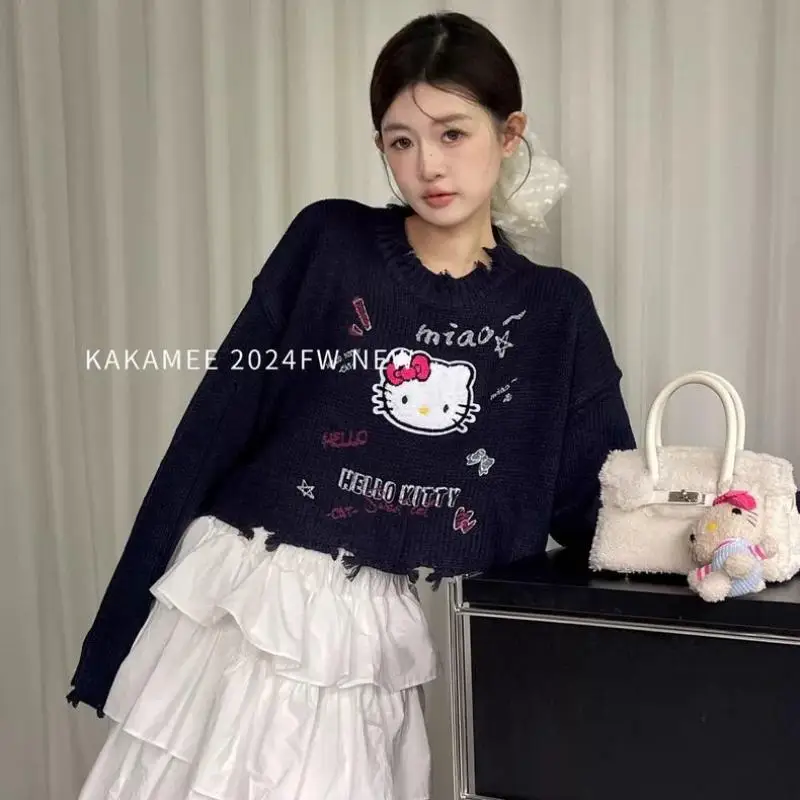 Hot Kawaii Hello Kitty Hole Sweater Sanrio Ins Girl Short Belly Button Outfit Hot Girl Sweet Sweater Casual Cute Tops Sweatshirt