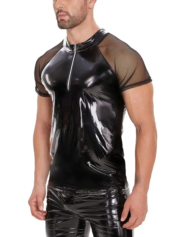 S-5XL Shiny Faux PU Leather Tshirt Mesh Short Sleeve T Shirt Men Wet Look PVC T-shirt Tights Sexy Shapers Muscle Tops Shapwear