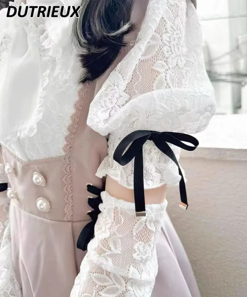 Chemisier élégant en dentelle Rolita pour femme, chemise à manches bulles, nœud document solide, mode décontractée, printemps, automne