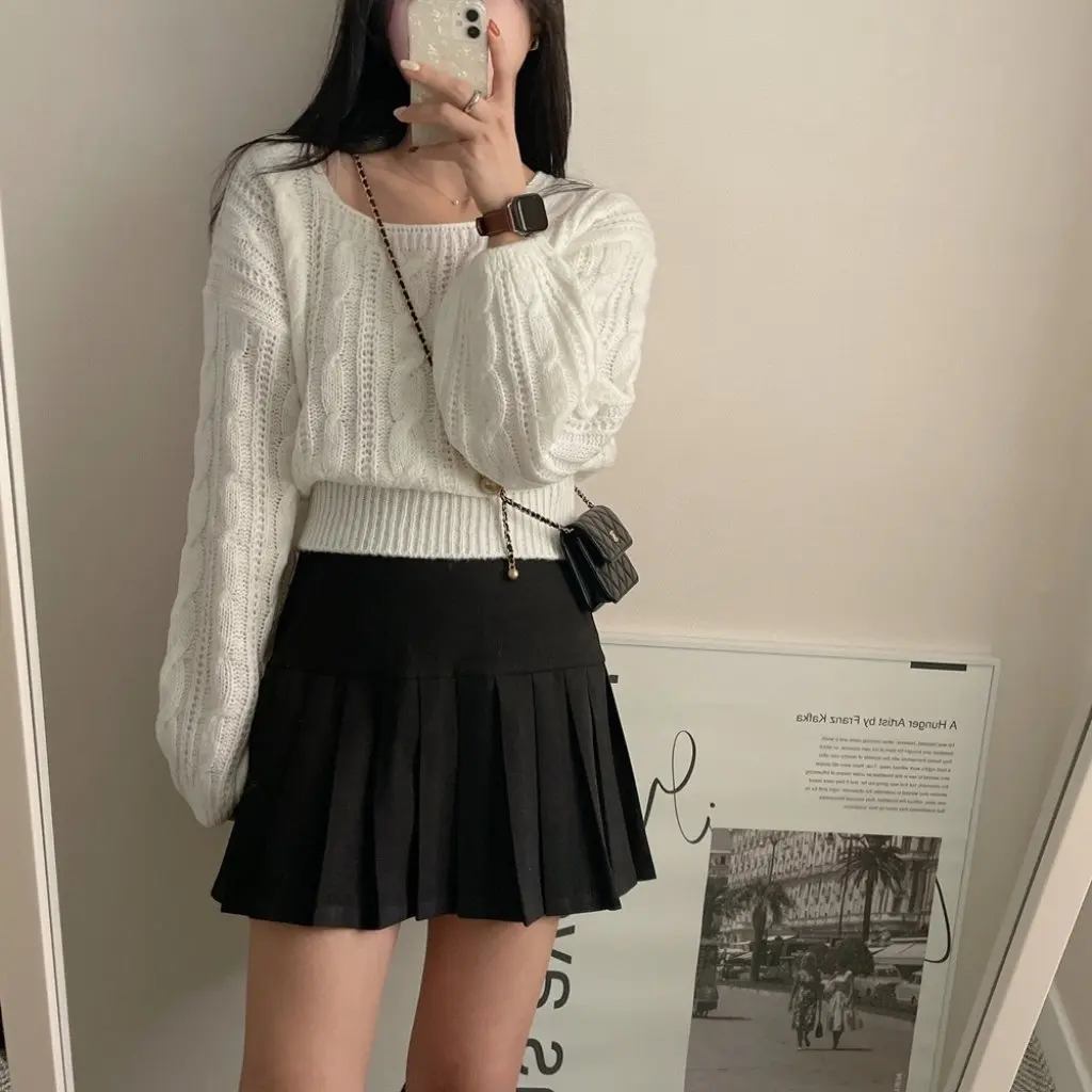 

Korean Style Twist Knitwear Long-Sleeved Pullover Chic Lazy Style Lantern Sleeve Pure Color Square Collar Autumn Winter Sweater