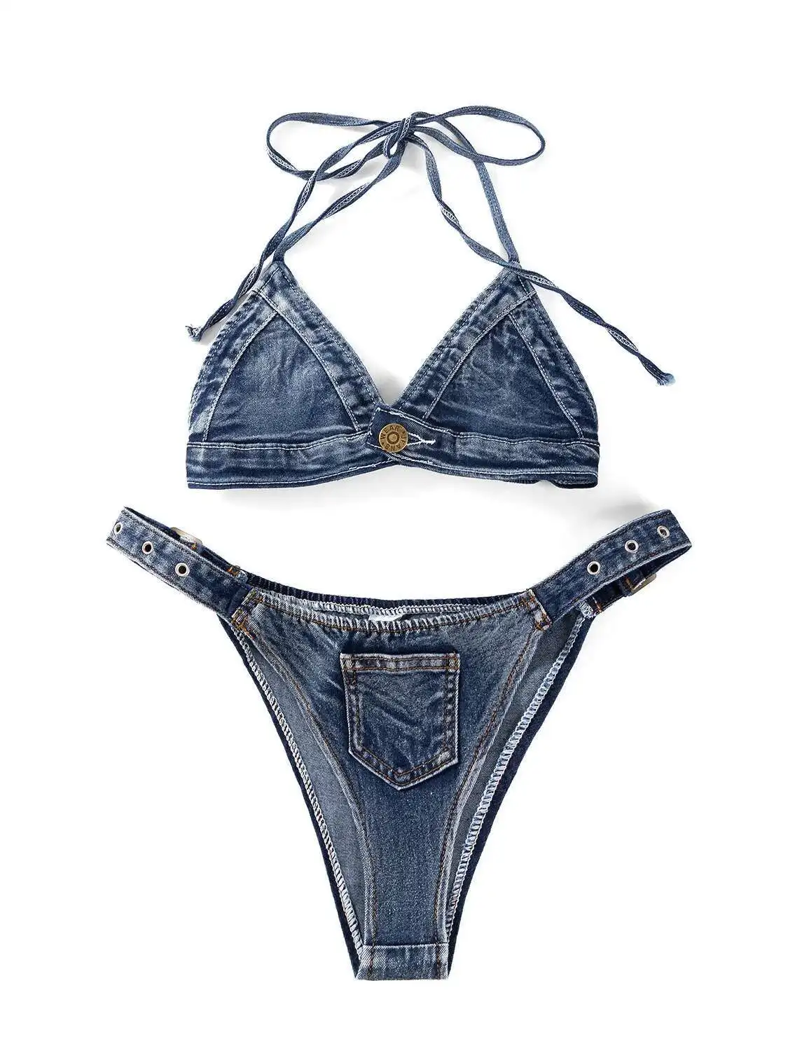 Seksowne kowbojskie bikini, bikini bez pleców, głęboki dekolt V, ramiączka, bez rękawów, bikini z wiązaniem na szyi na wakacje na plaży, urocze, eleganckie FYOW