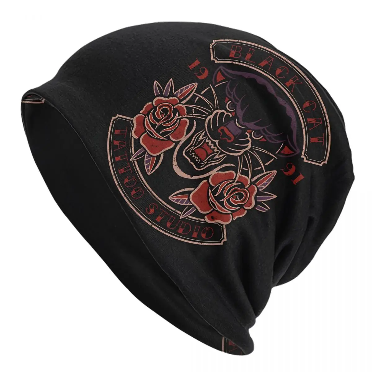 Black Cat Tattoo Studio, Black Panther & Roses Old School Tattoo Unisex Bonnet Thin Hip Hop Hats Double Layer Hat Caps