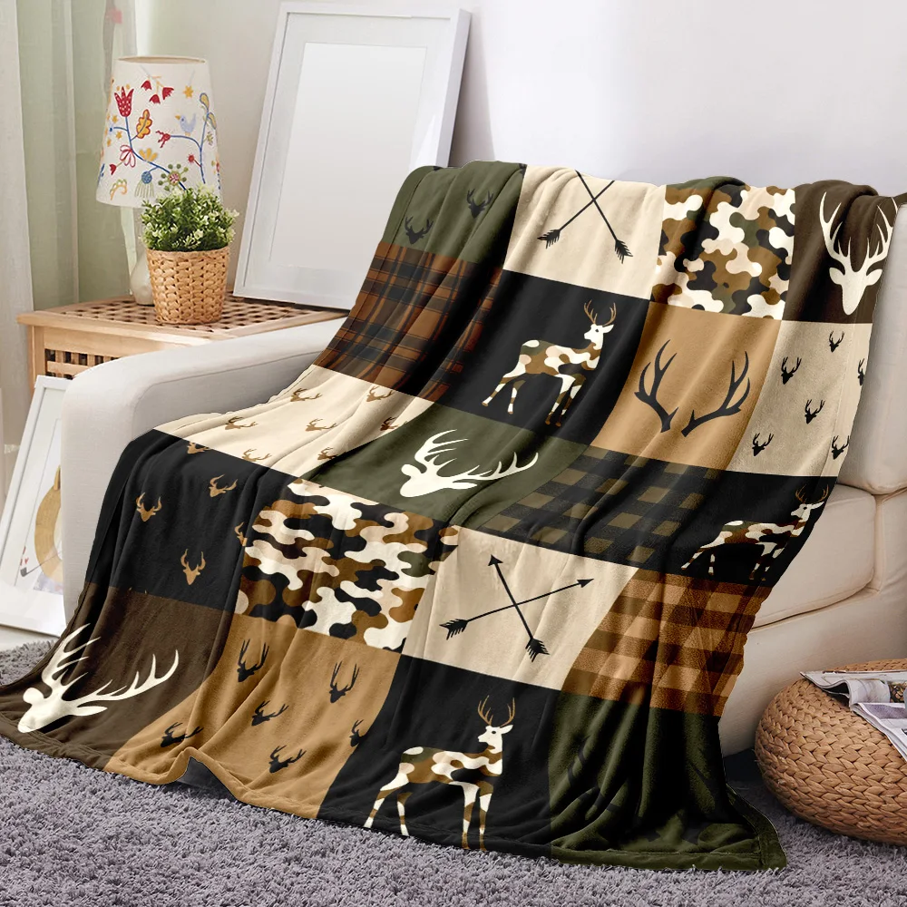 1PC Rustic Deer and Plaid Printed Blanket — Made of soft plush flannel, perfect for sofas, beds, or outdoor camping. Ideal for h