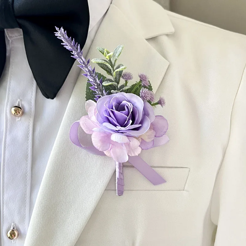 Boutonniere masculino, acessórios de baile de casamento, rosas roxas, flores artificiais, festa de formatura, cerimônia, decoração de terno