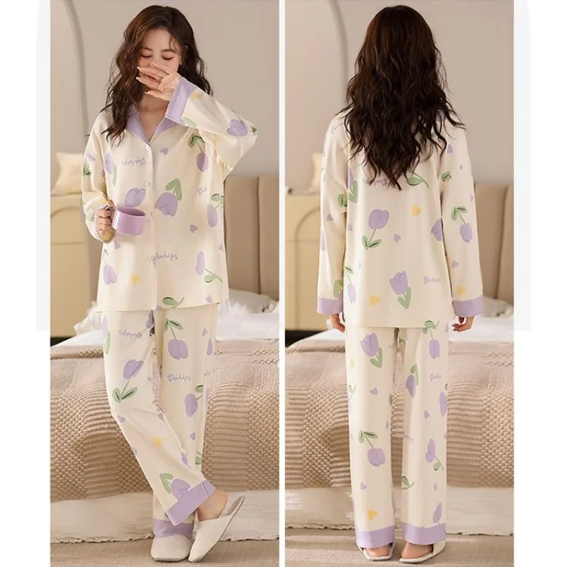 2023 New Cotton Pajamas Women Spring Autumn Loungewear Cotton Long-sleeved Trousers Sleepwear Leisure Loose Lapel Homewear Suit