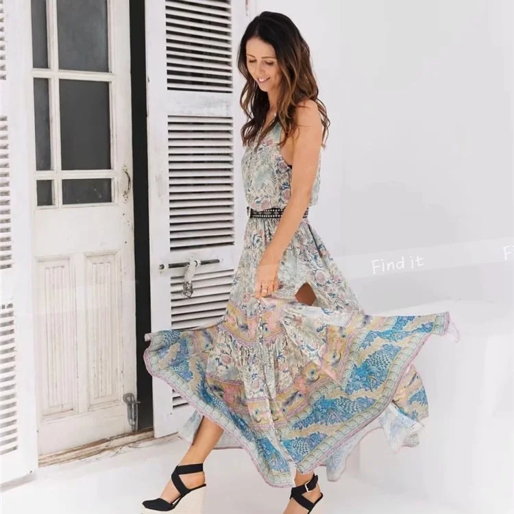 Vestido Longo Estilo Boho de Aodão com Estampa Retrô, Sem Mangas, Decote Redondo para Mulheres, Primavera, Verão, Outono