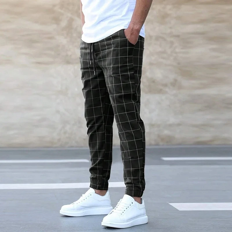 New Checkered Fashion Europe and the United States Style Men's Pants Business Casual Travel Slim Pants Comfortable