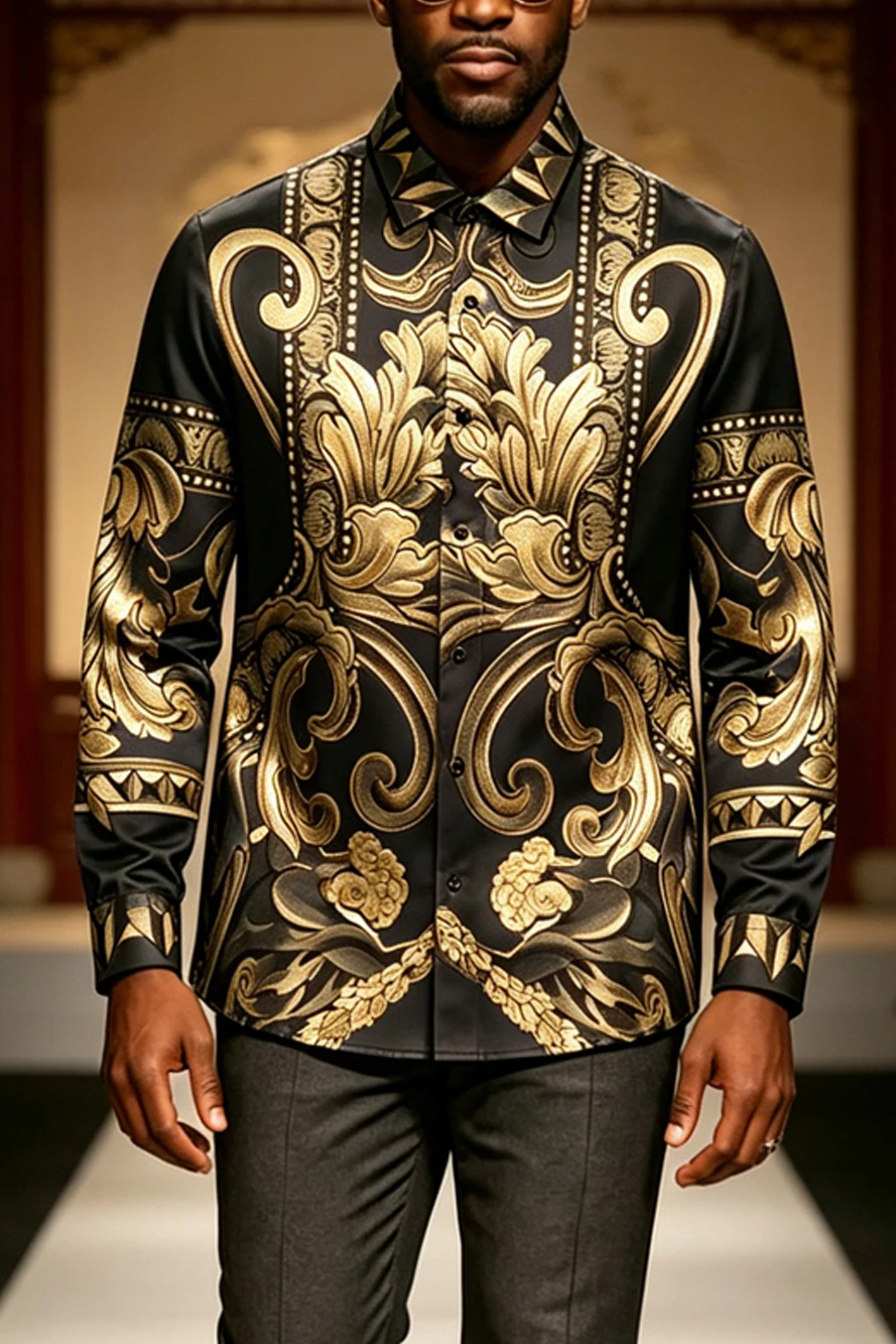 

Men's New Summer Long Sleeve Collar Shirt Baroque Natural Pattern 3D Printed Shirt Hawaiian Vacation Party Wedding Top for Men