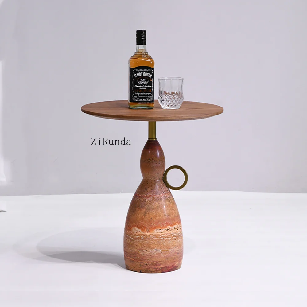 Wooden table top, red limestone base, decorative table, corner table, suitable for living room hotel decoration