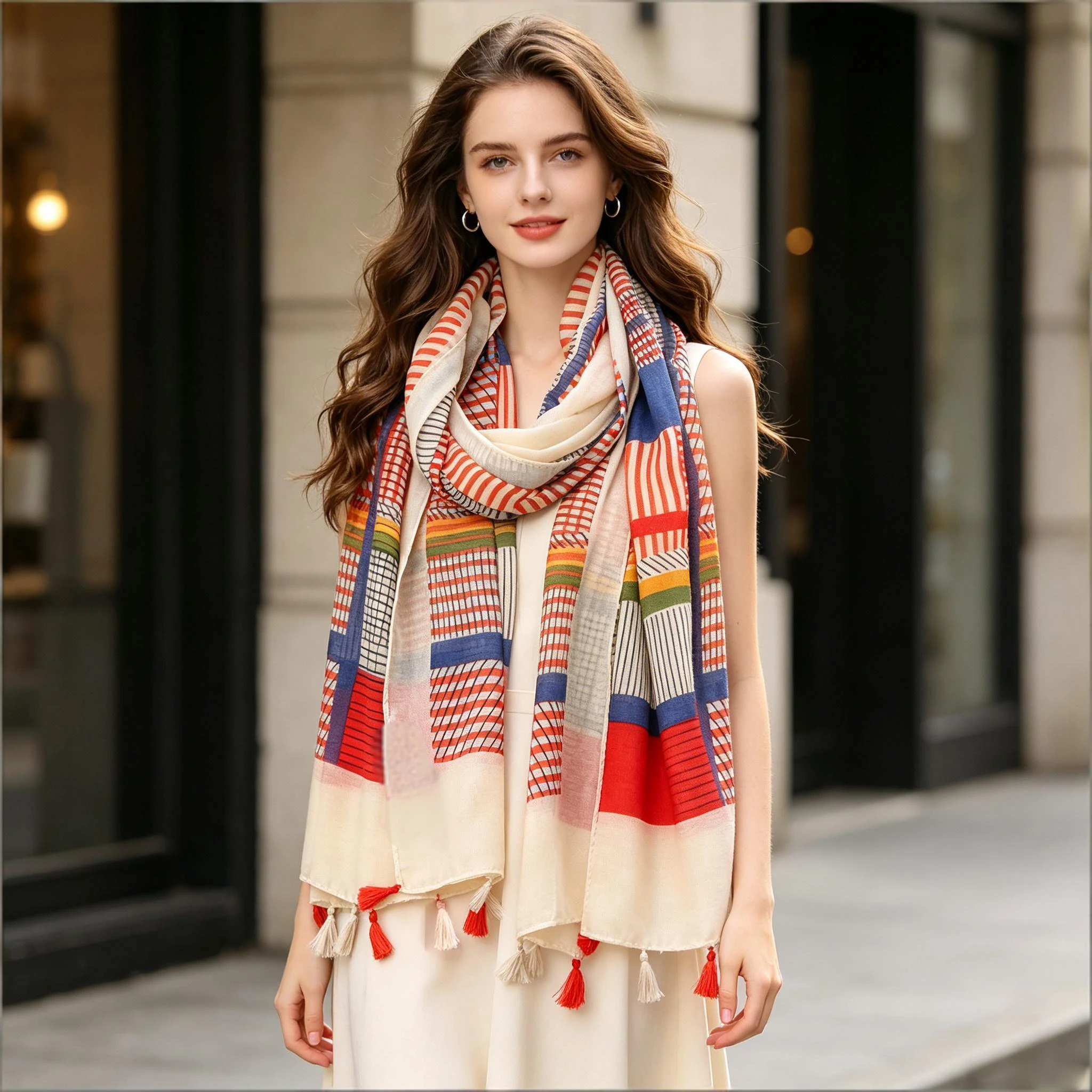 Women's Color Block Striped Tassel Scarf, Geometric Plaid Long Shawl 180x88cm Casual Neck Wrap