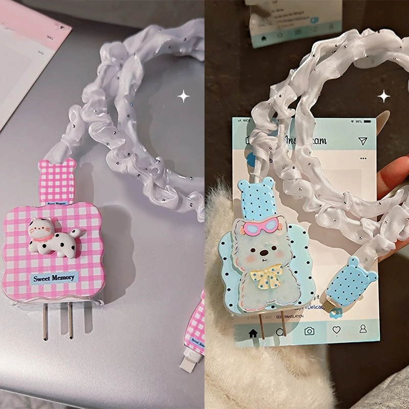 لطيف الحيوان جرو كابل الشاحن اللفاف الغطاء الواقي أطقم آيفون 18 واط 20 واط شاحن مكافحة كسر سلك لدغات قذيفة