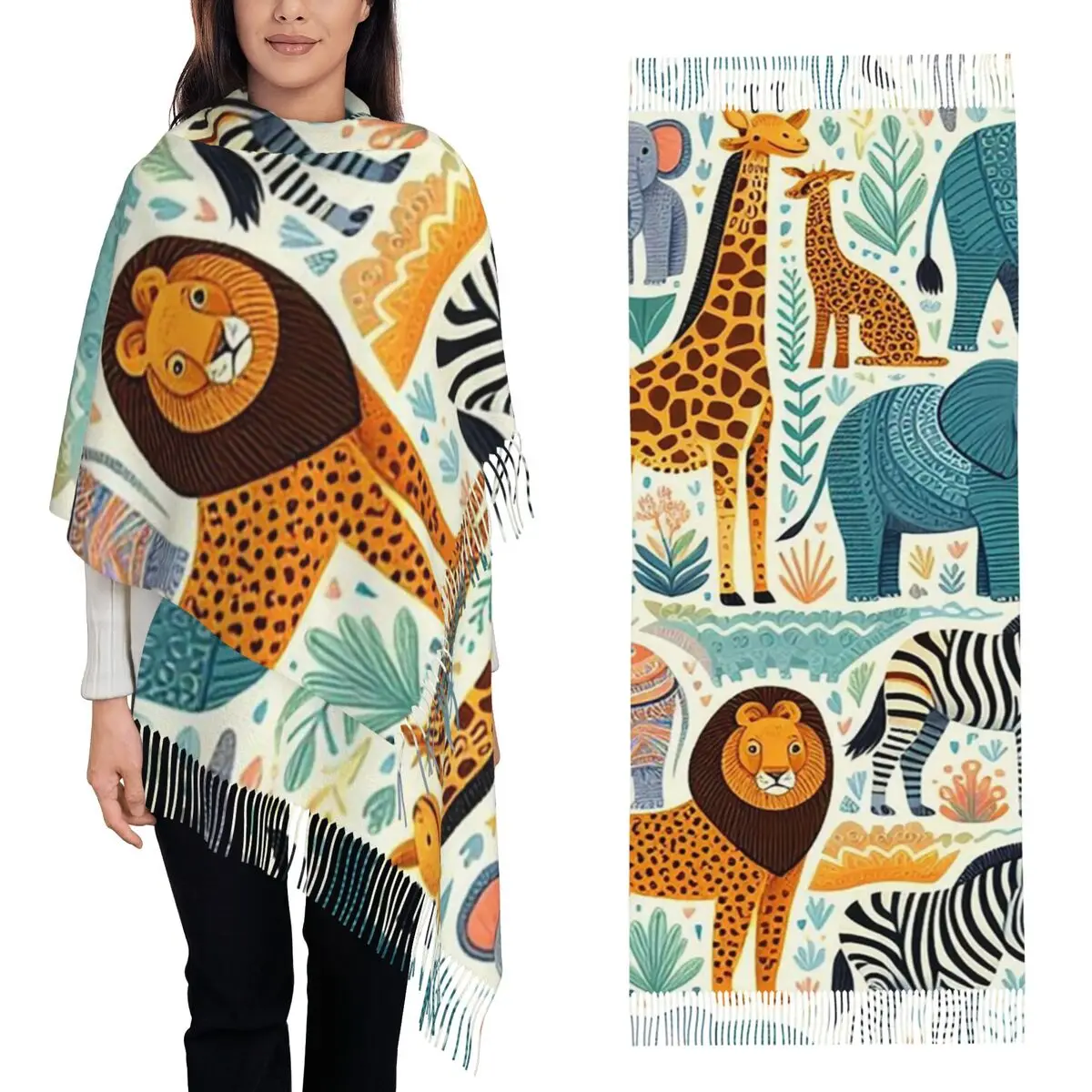 Cartoon Zoo Animals Wild Safari Friends Pattern  Scarf Tassel Scarves Women  Shawls and Wraps Large Fall Winter Shawl Wrap