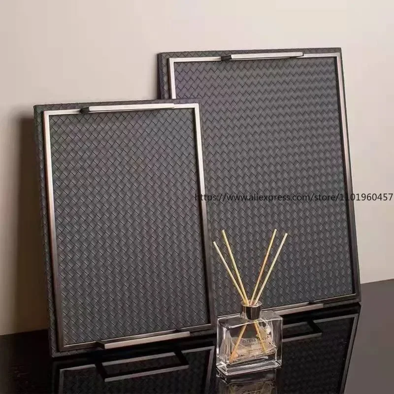 Modern Leather Storage Tray Creative Hand Woven Bedroom Jewelry Organizer Western Restaurant Tableware Container Home Decoration