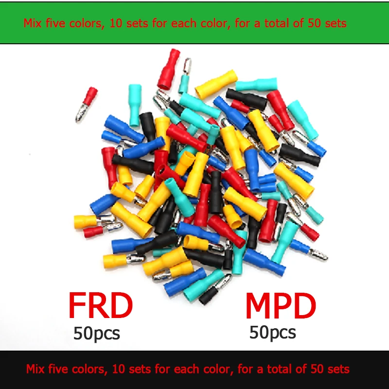 100pcs/50Set  PVC Insulated Bullet Wire Connectors Male & Female Crimp Terminals Sets 22-10AWG MPD1.25-156 FRD1-156