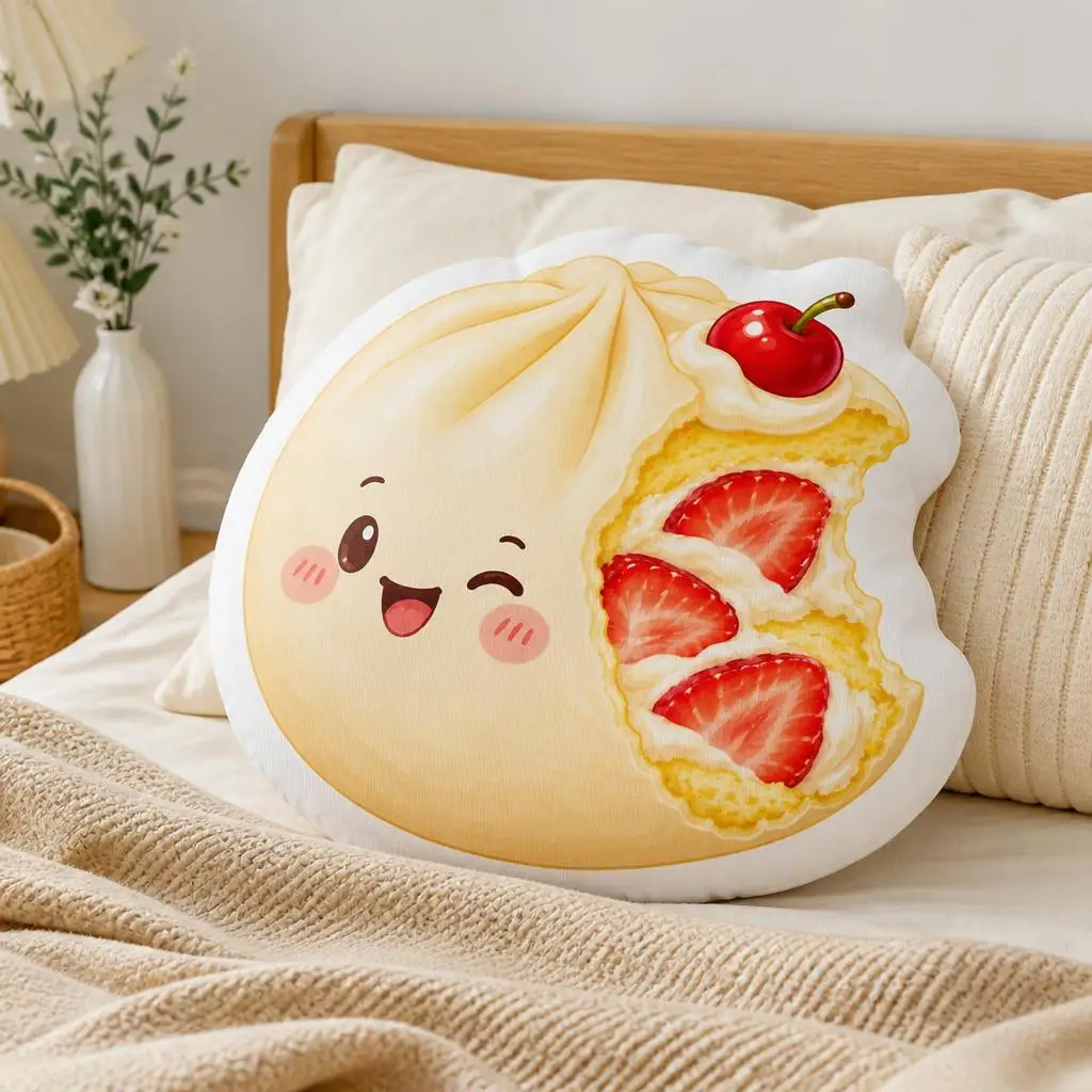 Cute Strawberry Shortcake Dumpling Pillow Stuffed Bao Cushion Kawaii Dessert Throw Pillow Home Decor for Cake Lovers Gift