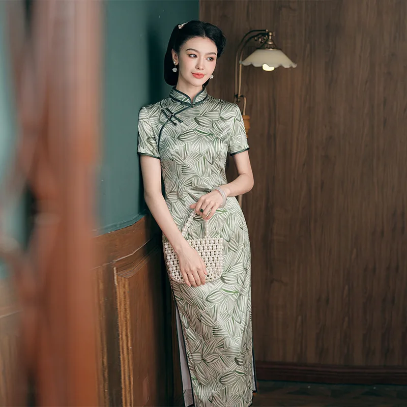 High Quality Green Real Silk Cheongsam Qipao Women's Advanced Sense Improved Suzhou 2024 Summer Young Daily