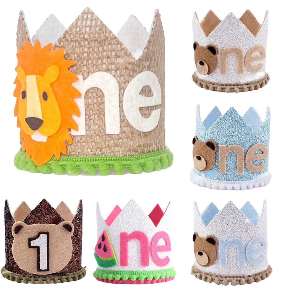 ที่คาดผมวันเกิดรูปมงกุฎ1st หมวกหมีสีน้ำตาลสีฟ้าน่ารักสีสันสดใสสำหรับงานเลี้ยงฉลองครบรอบการหมวกงานวันเกิด