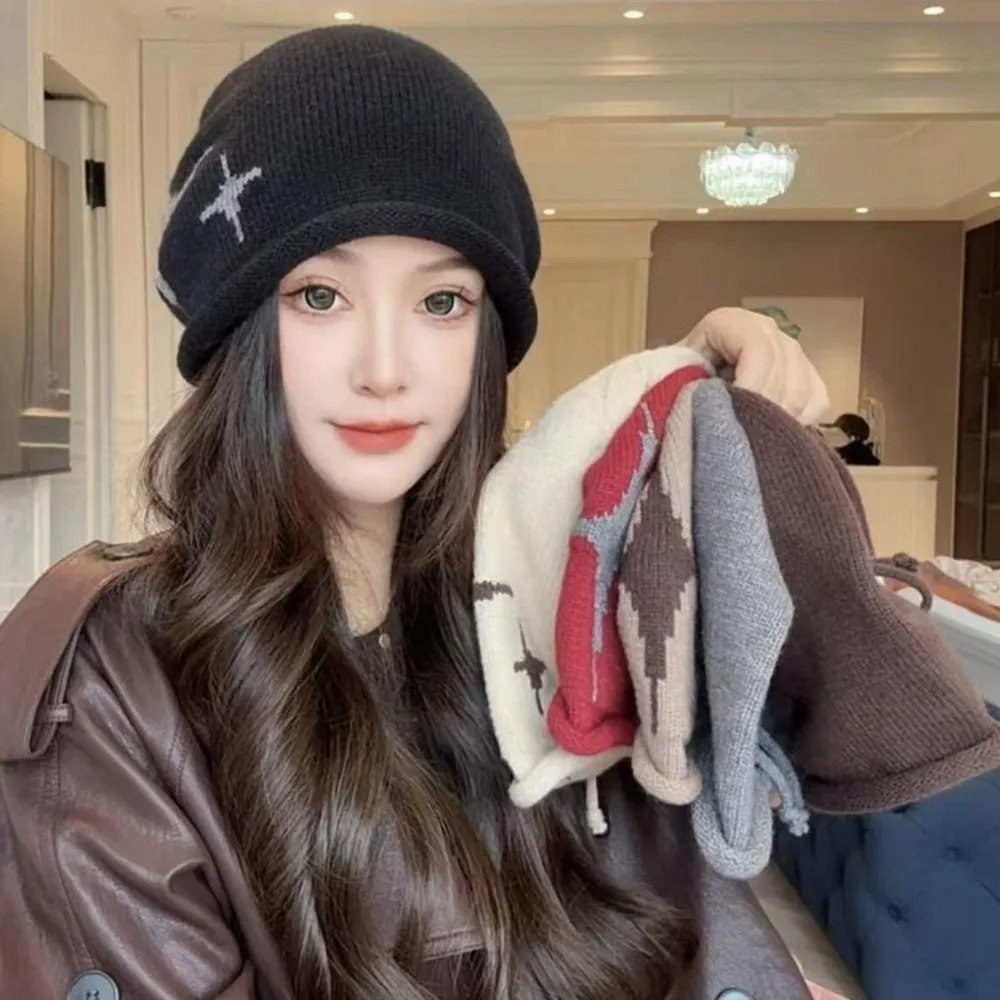

Fashion Star Pattern Knitted Woolen Hat Windproof Thickened Cover Head Cap Cold-proof Keep Warm Ear Protection Hat Outdoor